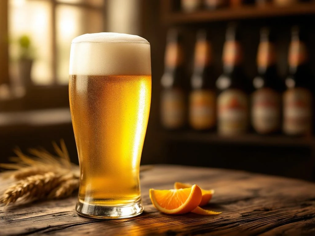 Traditioneel tarwebier in glas met romige schuimkraag op houten tafel. Wazig zichtbare vintage Nederlandse bierflessen op achtergrond. Tarwehalmen en sinaasappelschil als garnering.