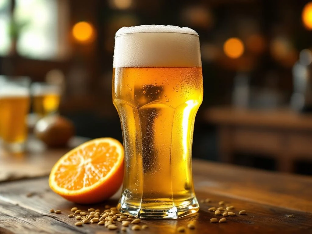 Traditioneel witbier in zeshoekig glas met romige schuimkraag op houten bartop. Sinaasappelschijf en korianderzaadjes ernaast. Condensdruppels en gezellige pubsfeer.