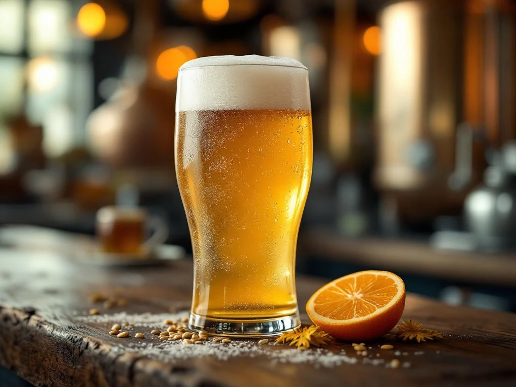 Traditioneel witbierglas met troebel, bleek gouden bier en witte schuimkraag op houten bar. Sinaasappelschijfje en korianderzaadjes ernaast.