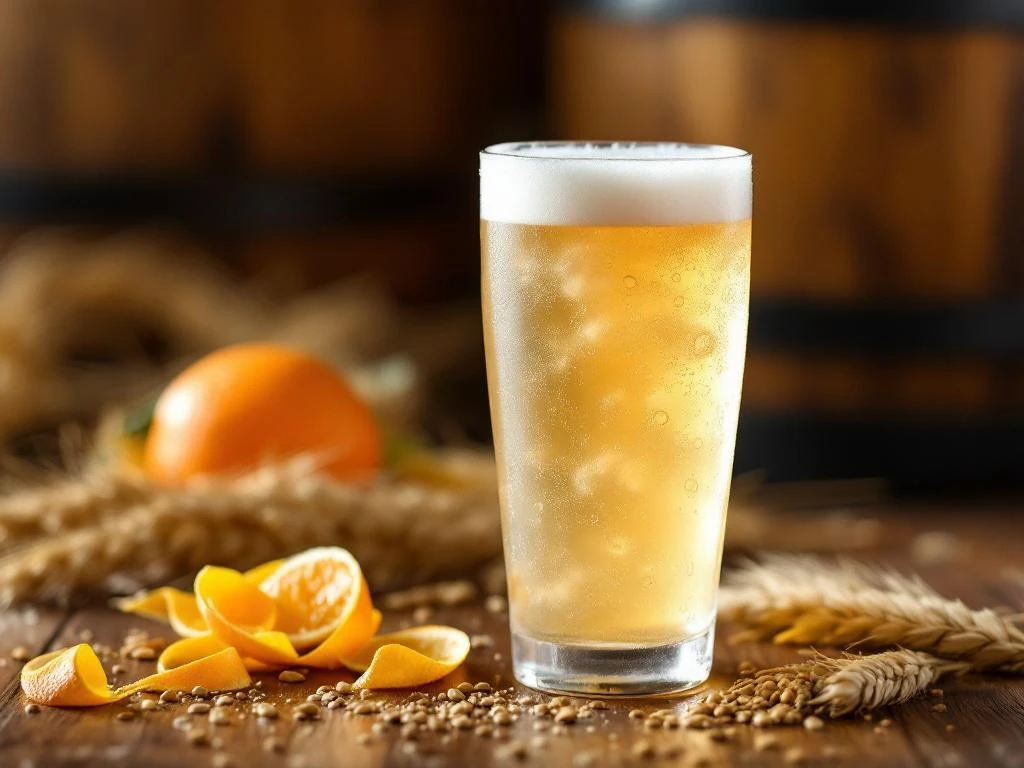 Troebel, goudkleurig witbier in elegant glas met romige schuimkraag, geflankeerd door sinaasappelschil, koriander en tarwe op houten achtergrond.