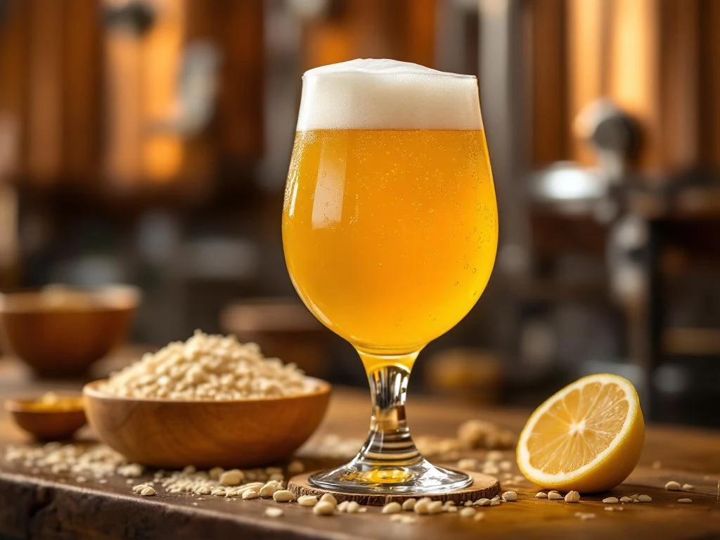 Heerlijk troebel witbier in tulpglas met romige schuimkraag, vergezeld van gistschaaltje, tarwekorrels, citroen en korianderzaad. Warme brouwerijsfeer.