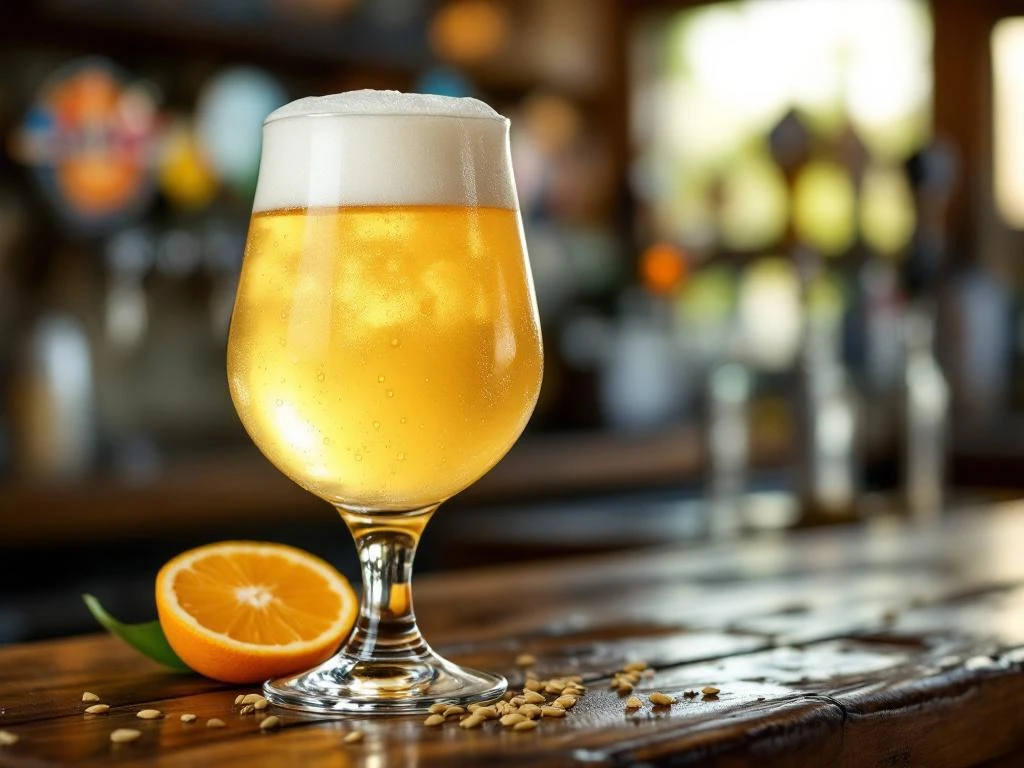 Koud witbier in berijpt tulpglas op houten bar, met romige schuimkraag, condensdruppels, sinaasappelschijf en korianderzaadjes. Taps op achtergrond.