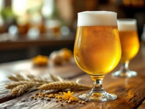 Perfecte witbier in tulpglas met troebele lichtgouden kleur en romige schuimkraag op houten bartop, omringd door tarwehalmen en korianderzaadjes.