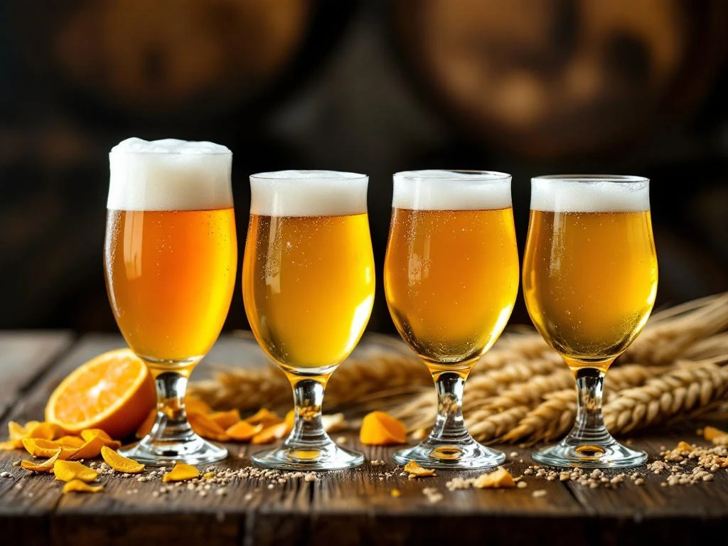 Vier verschillende witbieren in speciaalglazen op een rustieke houten tafel met sinaasappelschil, korianderzaad en tarwe, vaten op achtergrond.