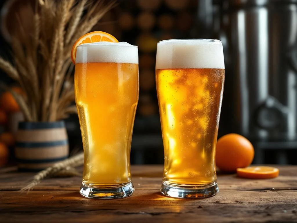 Vergelijking van ambachtelijke en commerciële witbieren op houten bartop; links troebel witbier met sinaasappel in hexagonaal glas, rechts helderder bier in pintglas.
