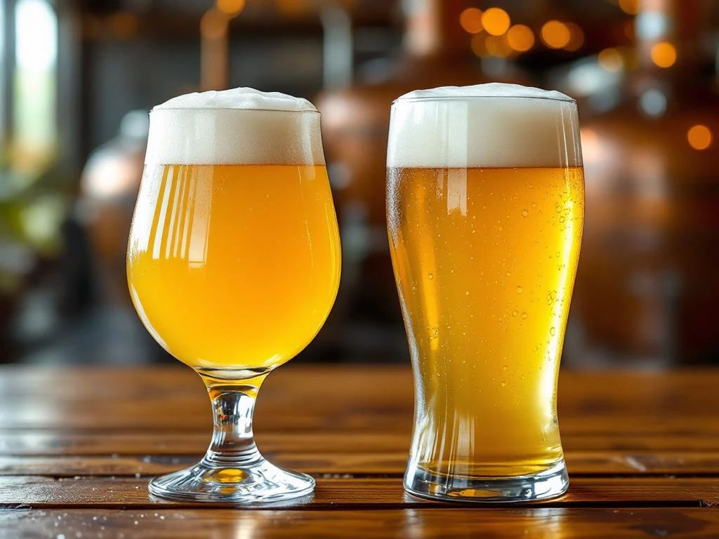 Vergelijking van ambachtelijk en industrieel witbier in verschillende glazen op een houten bar, met brouwerij-elementen op de achtergrond in warme verlichting.