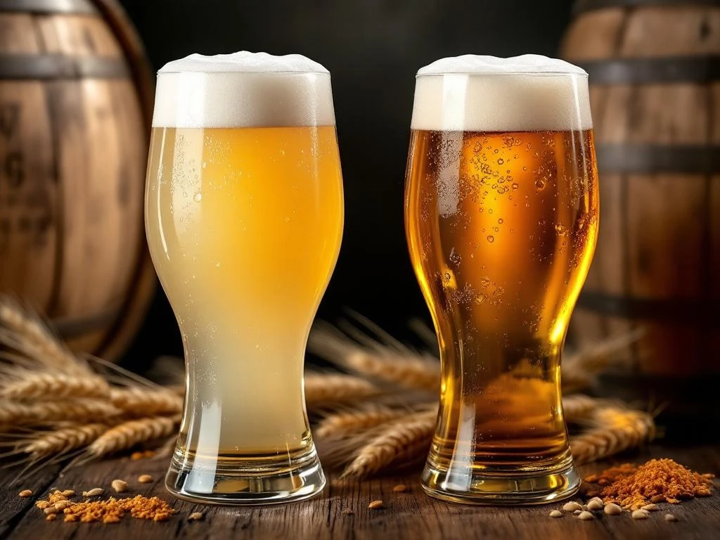 Twee glazen witbier in rustieke kelder; links vers en troebel met dikke schuimkraag, rechts gerijpt met amberkleur. Tarwestengels en korianderzaadjes erbij.