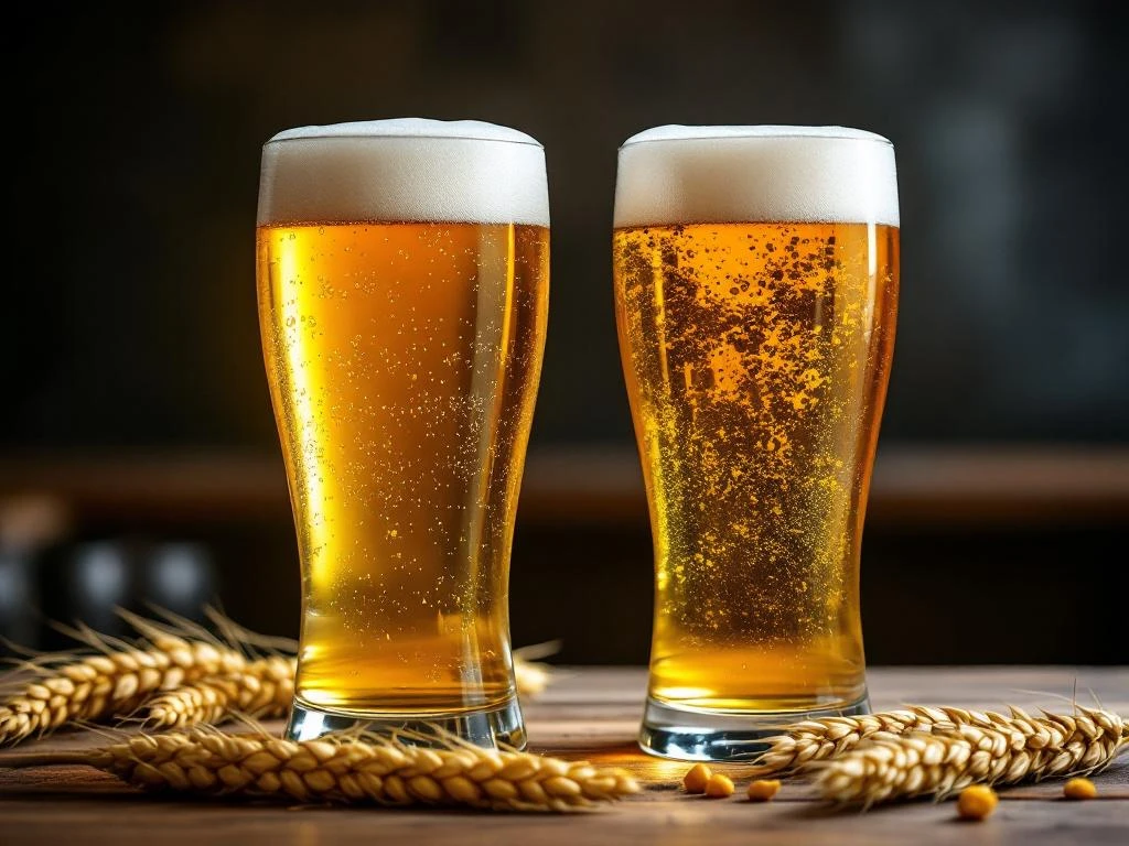 Twee witbierglazen naast elkaar: links vers en goudkleurig met schuim en citroen; rechts bedorven en bruinachtig op een houten bar.