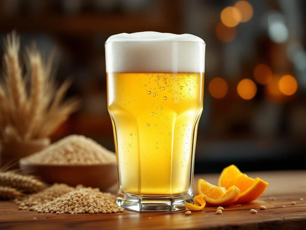 Witbier in hexagonaal glas met troebele lichtgouden kleur en dikke schuimkraag, omringd door tarwe, gerst, korianderzaadjes en sinaasappelschil op houten bar.