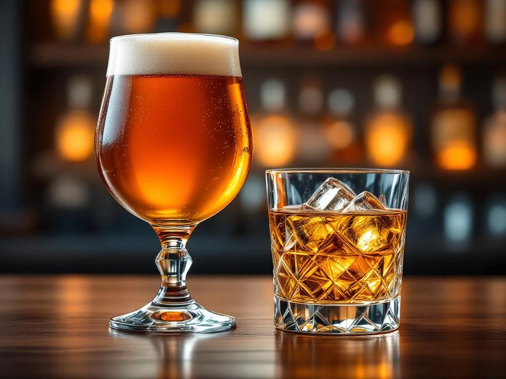 Is zwaar bier sterke drank? 10 Vergelijking van een Belgisch kelkglas met amber tripel bier en een whisky tumbler met sterke drank en ijsblokjes op een houten bartoonbank.