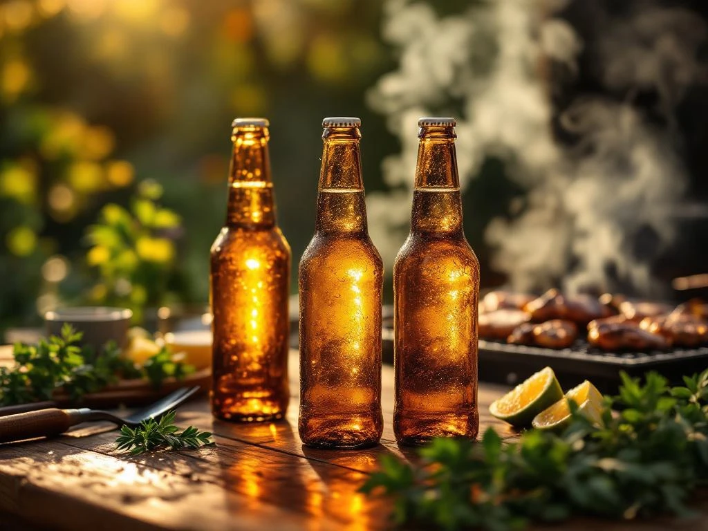 Houten tafel met non-alcoholische bieren naast grill met vlees en groenten, barbecue gereedschap en kruiden in gouden licht