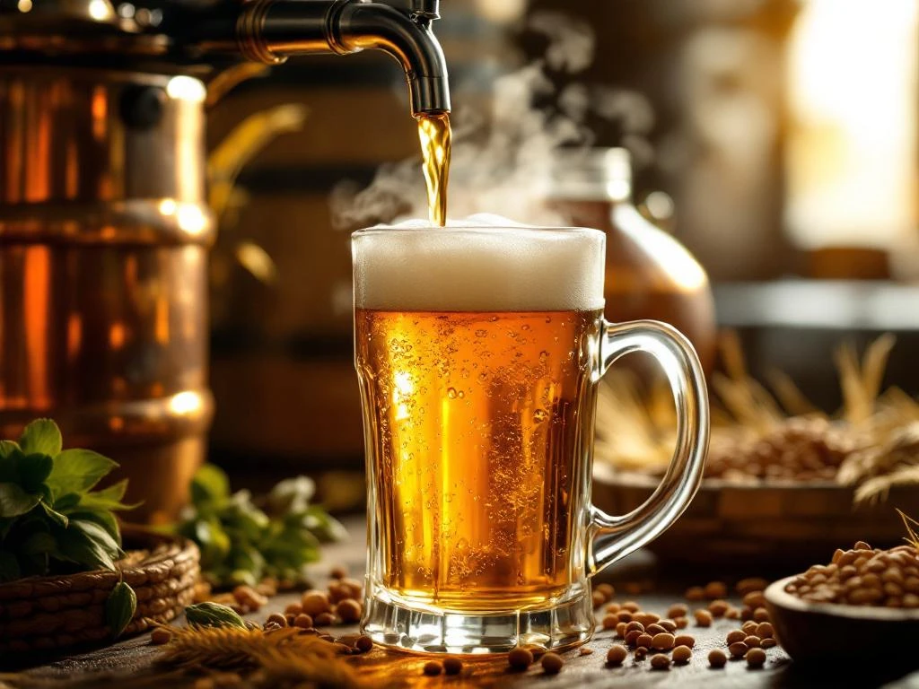 Alcoholvrij bier stroomt uit tap in glas met schuim, omringd door brouwapparatuur, hop en gerst in ambachtelijke brouwerij