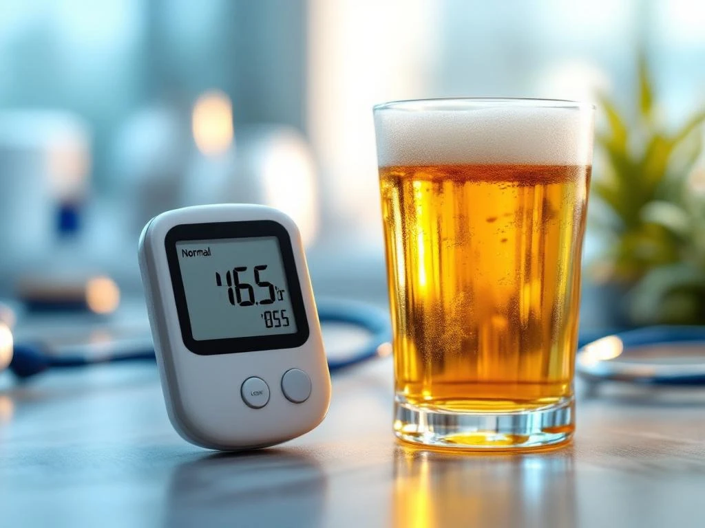 Is alcoholvrij bier geschikt voor mensen met diabetes? 6 Glas met alcoholvrije bier naast glucosemeter met normale waarden, stethoscoop op achtergrond, gezondheid concept