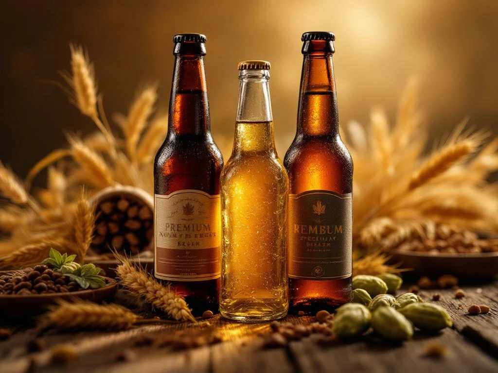 Premium alcoholvrije bierflessen in amber en gouden tinten op rustiek hout met hop en tarwe ingrediënten