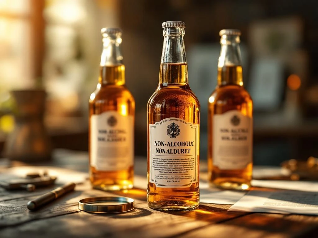 Alcoholvrije bierflesjes op houten tafel met vergrootglas over etiket en Nederlandse regelgevingsdocumenten op achtergrond