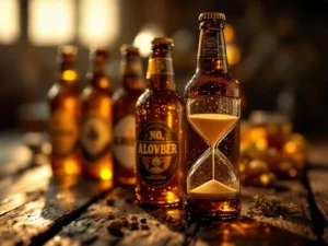 Alcoholvrije bierflesjes op houten tafel met vintage zandloper, warme verlichting en ambachtelijke sfeer