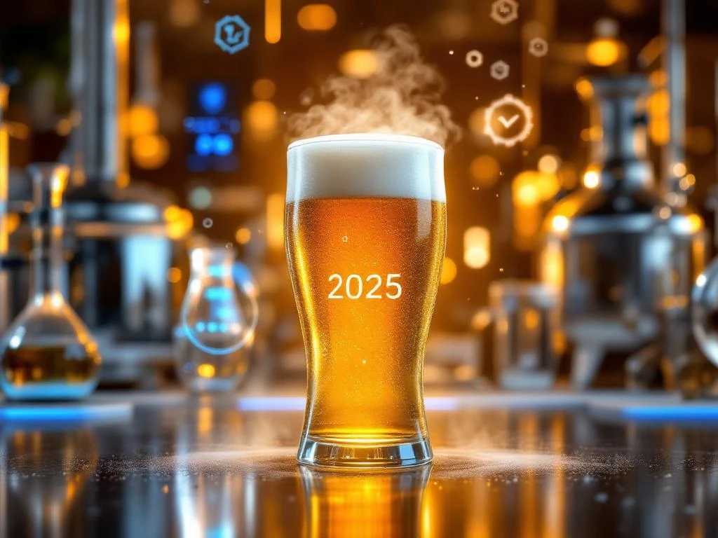 Glas gouden alcoholvrij bier met schuimkraag omringd door futuristische brouwapparatuur en holografische innovatie symbolen