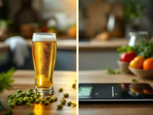 Recepten en Blog 1 Glas alcoholvrije bier naast weegschaal met dalende gewichtstrend, hop en gezonde ingrediënten op houten tafel