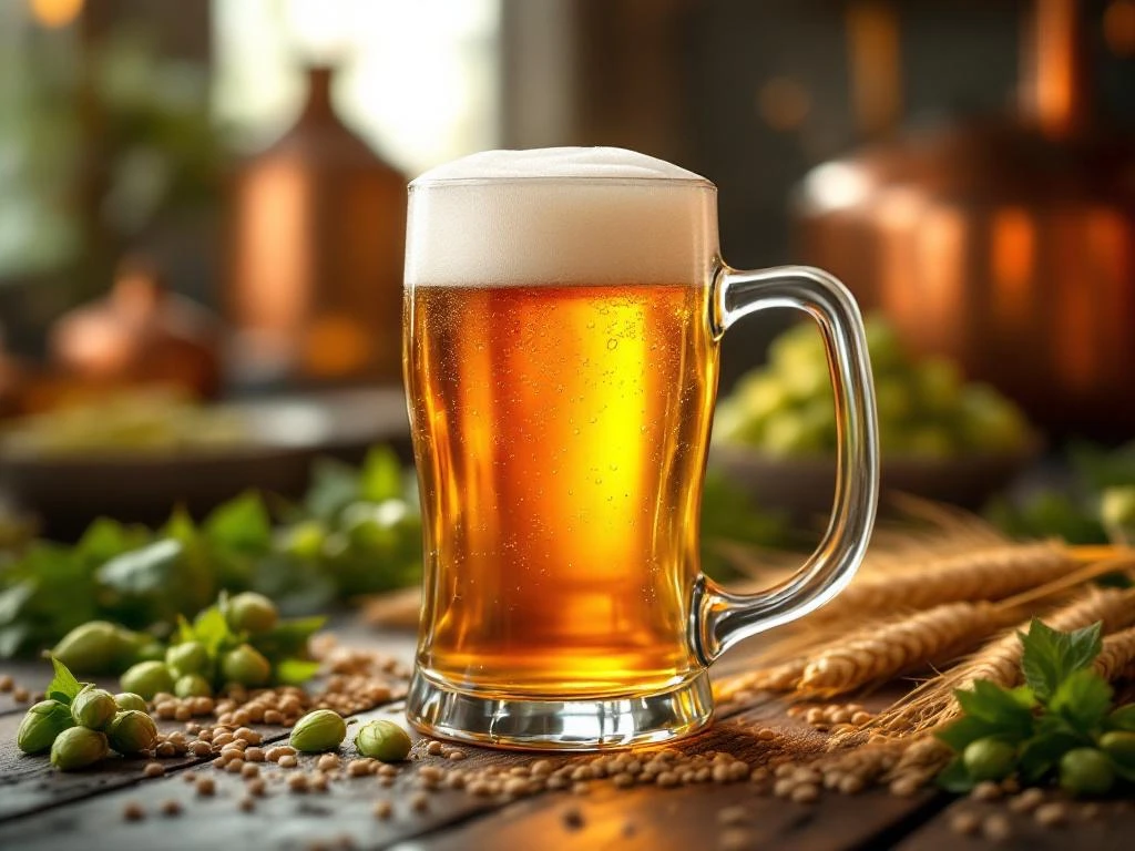 Wat zijn de voordelen van alcoholvrij bier? 6 Glazen mok met goudkleurig alcoholvrij bier op houten tafel met hop, gerst en tarwe in brouwerijomgeving