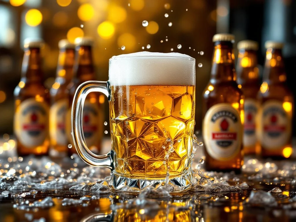 Kristalhelder glas met goudkleurig alcoholvrij bier en witte schuimkraag, omringd door amber flessen in brouwerijomgeving