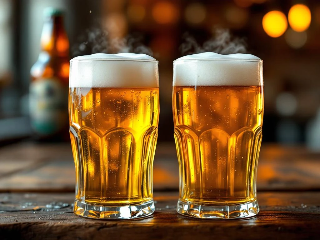 Twee identieke bierglazen op houten bar, links alcoholvrij bier met schuim, rechts gewoon bier met dampwolkjes