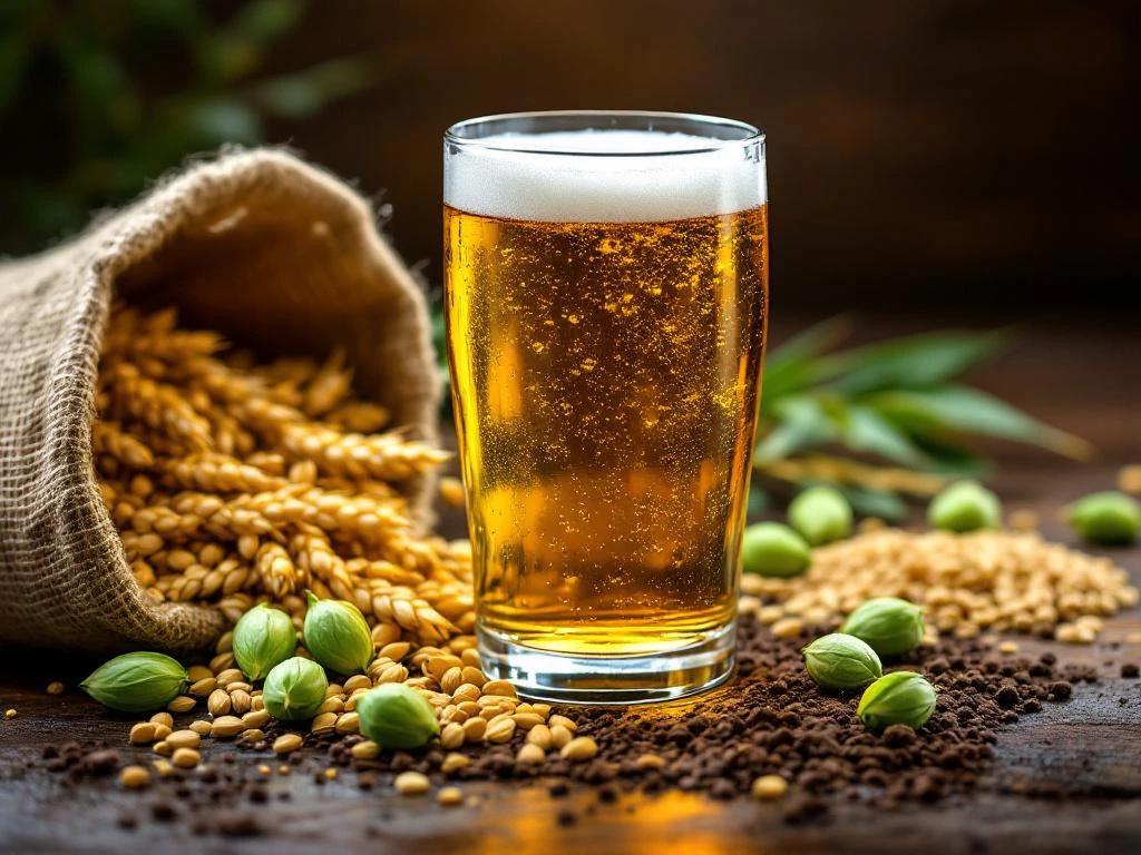 Glas alcoholvrije bier met ingrediënten: gerstkorrels, hop en mout op rustieke houten ondergrond