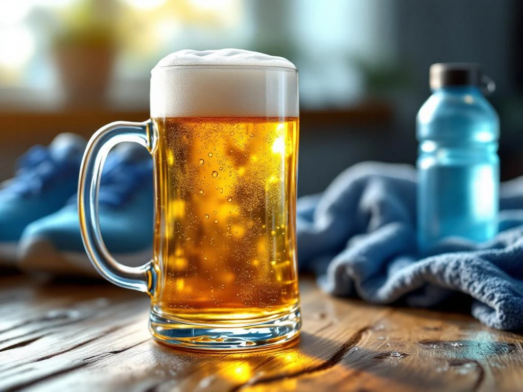 Glazen mok met alcoholvrij bier naast sportschoenen en handdoek op houten tafel in sportomgeving