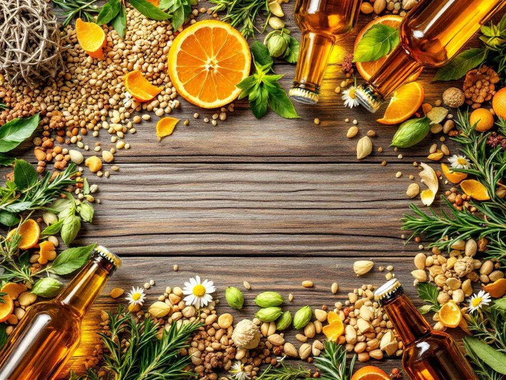 Platte opstelling van kruiden en specerijen voor alcoholvrije bierbrouwen met hop, jeneverbes en ambachtelijke flessen