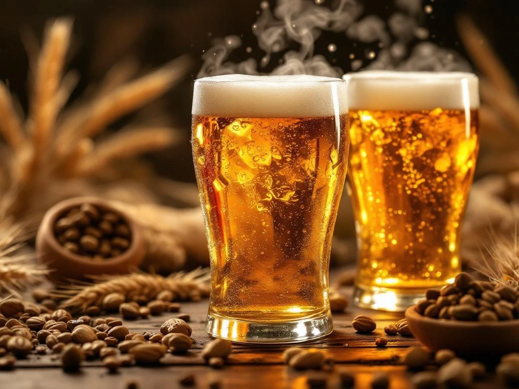 Ambachtelijke alcoholvrije bierflesjes met goudkleurig schuim en dauw, omringd door hop en gerst op houten ondergrond