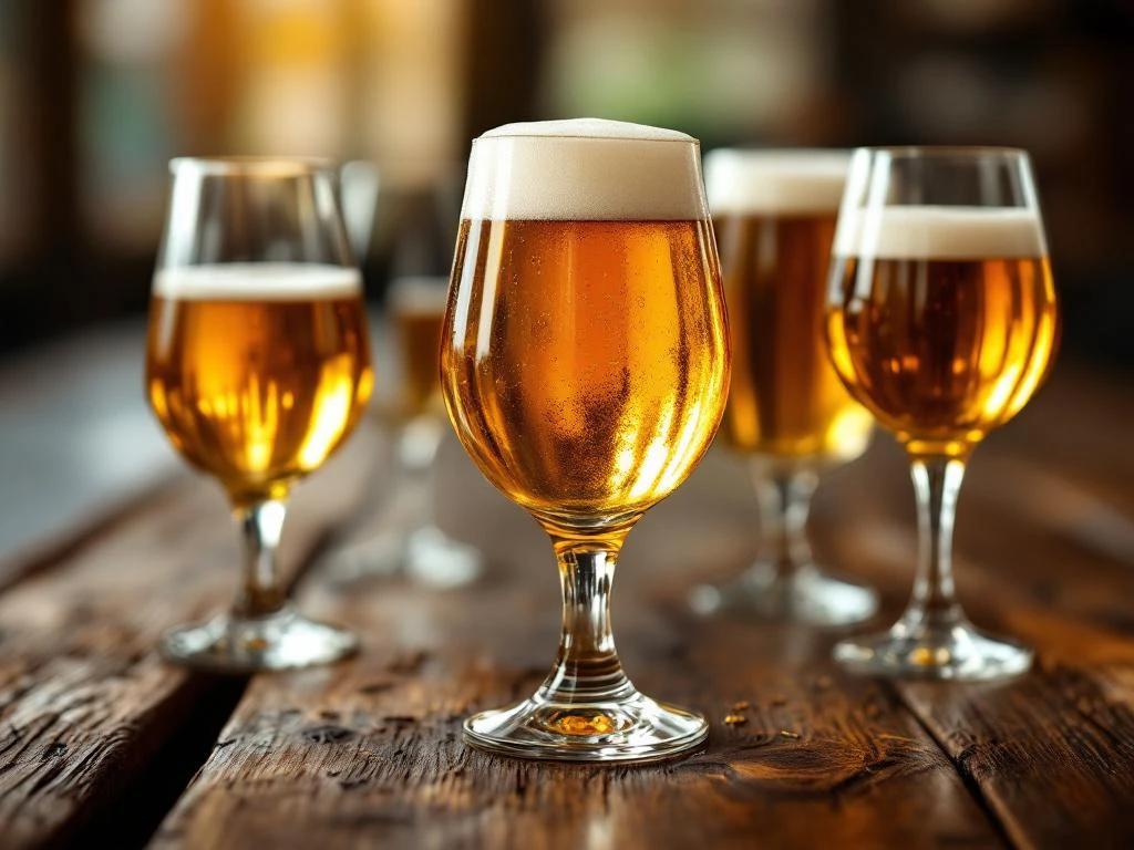 Welke bierglazen zijn het meest geschikt voor het drinken van tripel bier? 9 Belgische bierglazen met gouden tripelbier op houten tafel, verschillende glasstijlen met warme verlichting