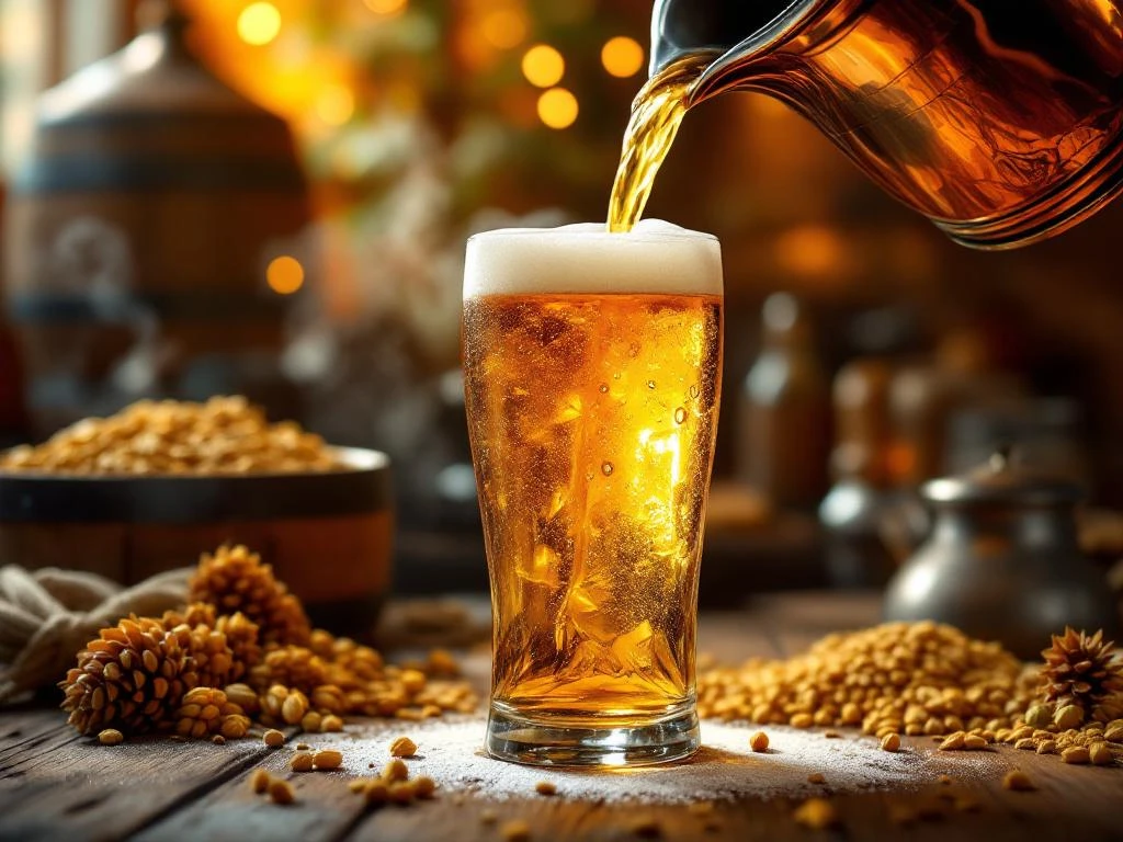 Gouden Belgisch blond bier wordt gegoten uit koperen brouwketel in glas met schuim, brouwapparatuur op achtergrond