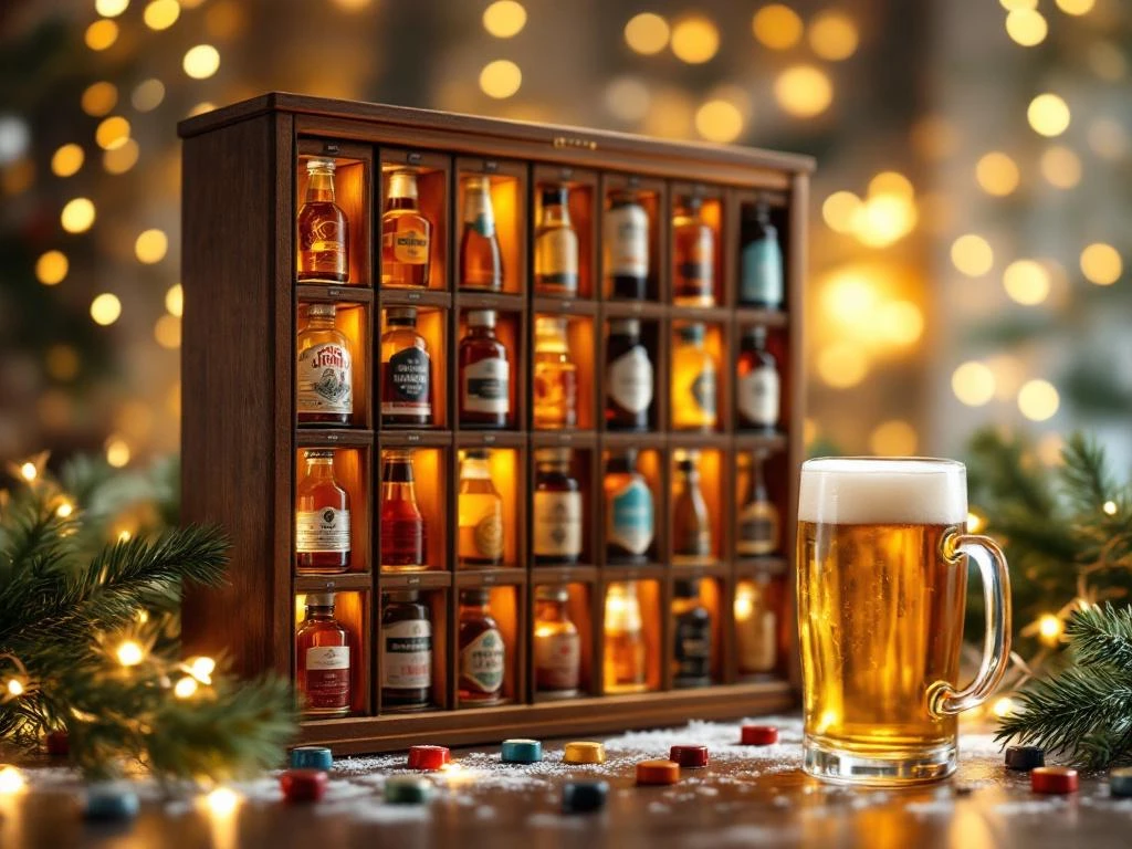 5 tips voor het maximaal genieten van je bier-adventskalender 1 Houten adventskalender met 24 vakjes gevuld met craft bieren, bierglas en kerstversiering met warme verlichting