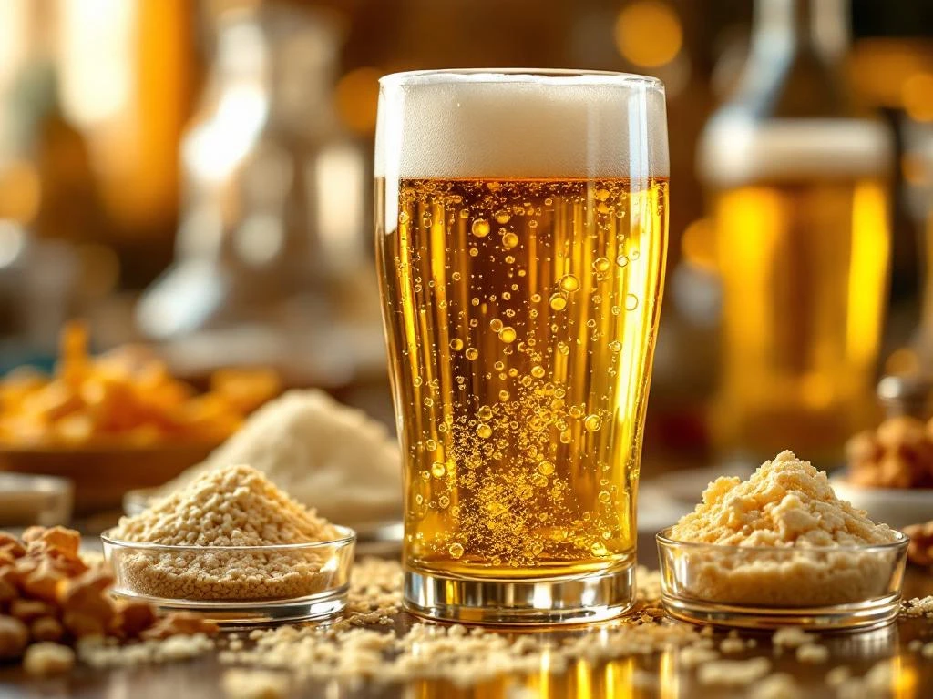 Gouden bier in glas met stijgende belletjes, drie soorten brouwgist in petrischalen op voorgrond, warme laboratoriumsfeer