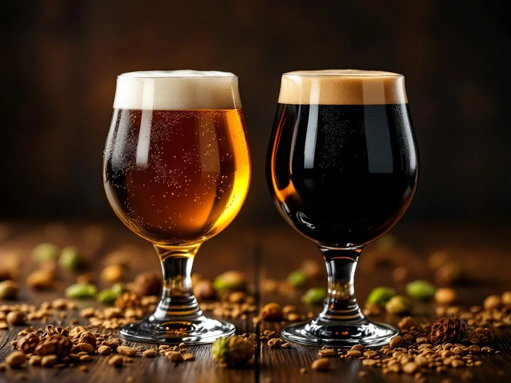 Twee bierglazentulp met amber bok bier en IPA glas met zwart bier op donkere houten bar met hopbellen en mout
