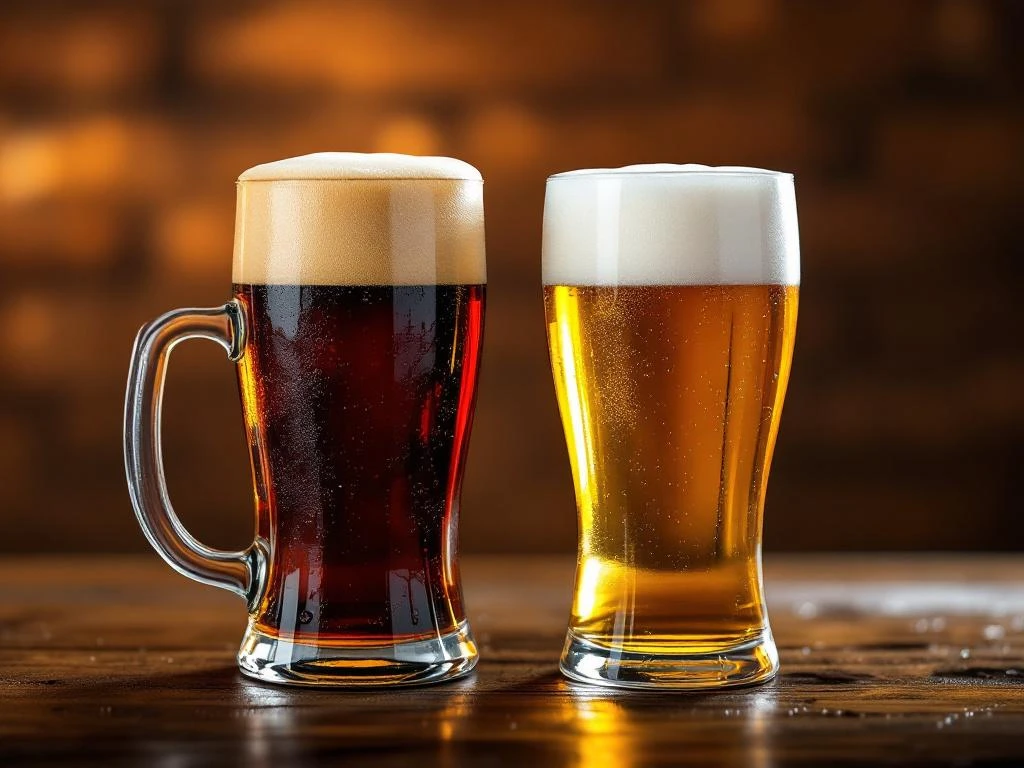 Twee biersoorten op houten bar: donkere bock in mok en gouden pilsener in hoog glas, beide met schuimkraag