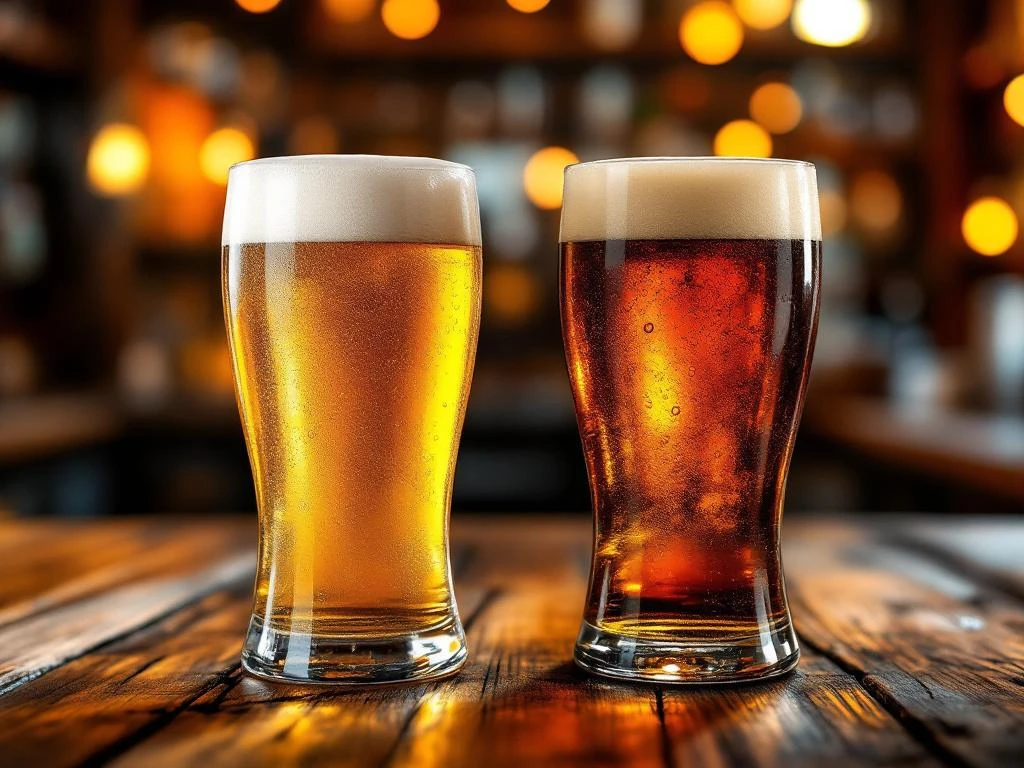 Twee biersoorten op houten bar: heldere gouden pils in hoog glas links, donkere bock in gebogen glas rechts