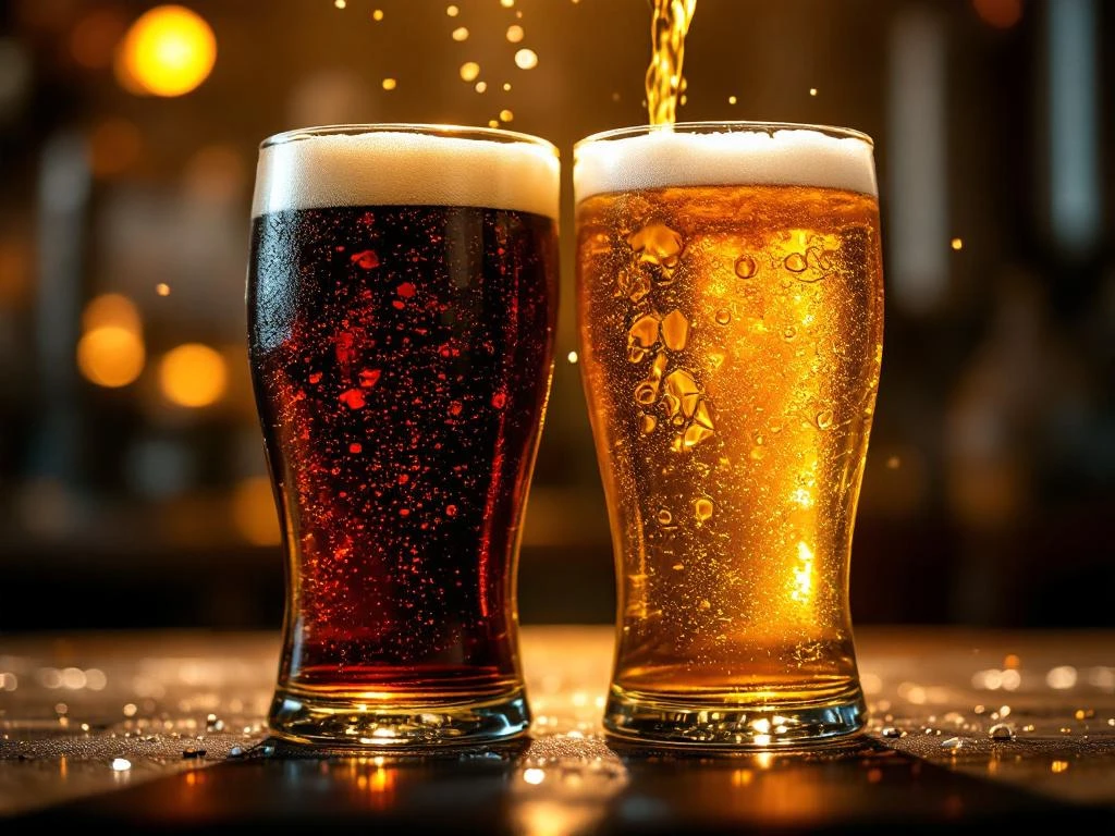 Twee biersoorten worden gemengd in glas: donkere bock en gouden lager met condensdruppels in brouwerijomgeving