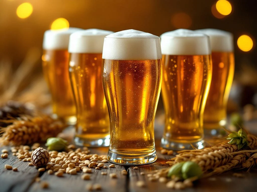 Wat valt er onder blond bier? 7 Gouden blonde bieren met witte schuimkragen op houten tafel, omringd door mout en hopbellen in warme sfeerverlichting.