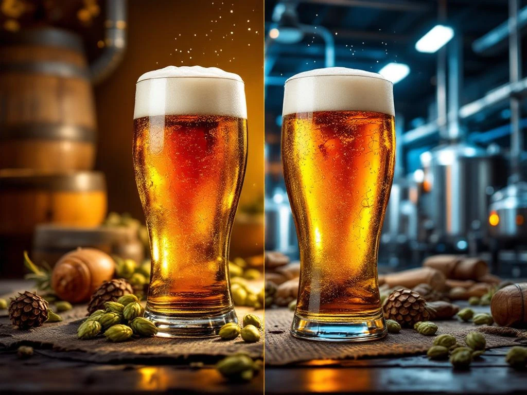 Twee glazen amber Bock bier: links ambachtelijk glas met brouwvaten, rechts industrieel glas met moderne apparatuur