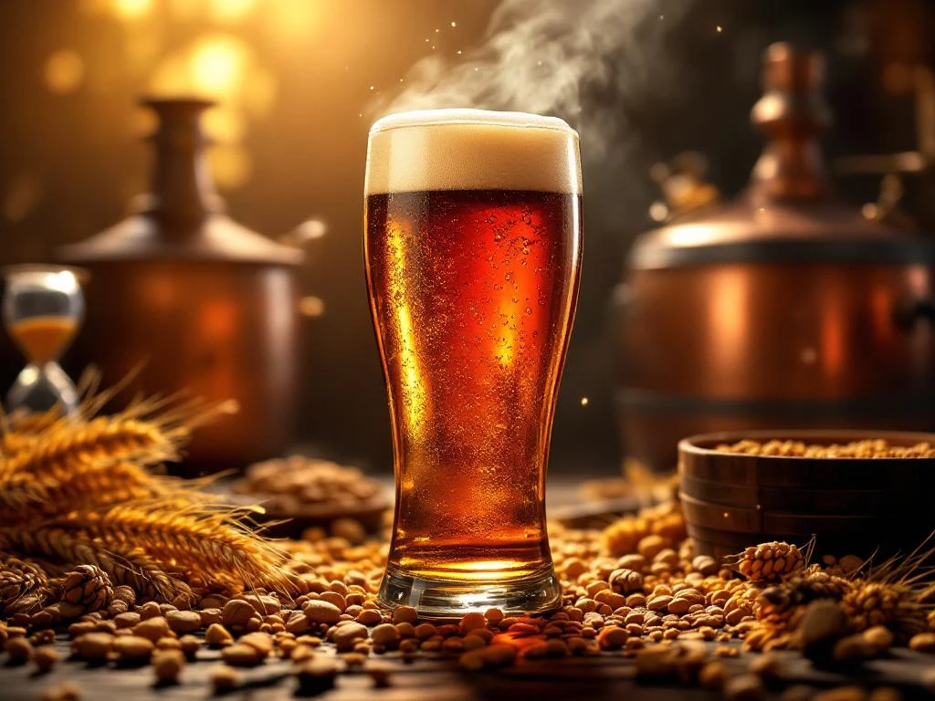 Glas donker bockbier met gouden schuim tussen koperen brouwketels, houten vaten en gerstemout in warme verlichting