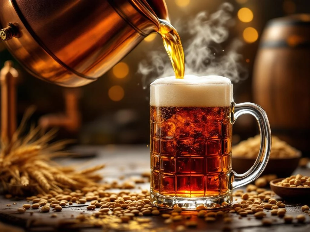Hoe wordt Bock bier gebrouwen? 2 Donker amber Bock bier stroomt uit koperen brouwketel in glazen mok, met stoom en traditionele brouwapparatuur op achtergrond