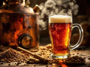 Donker amber Bock bierglas met schuimkraag naast brouwfouten: overgekoeld wort, verkeerde temperatuur, verbrande mout