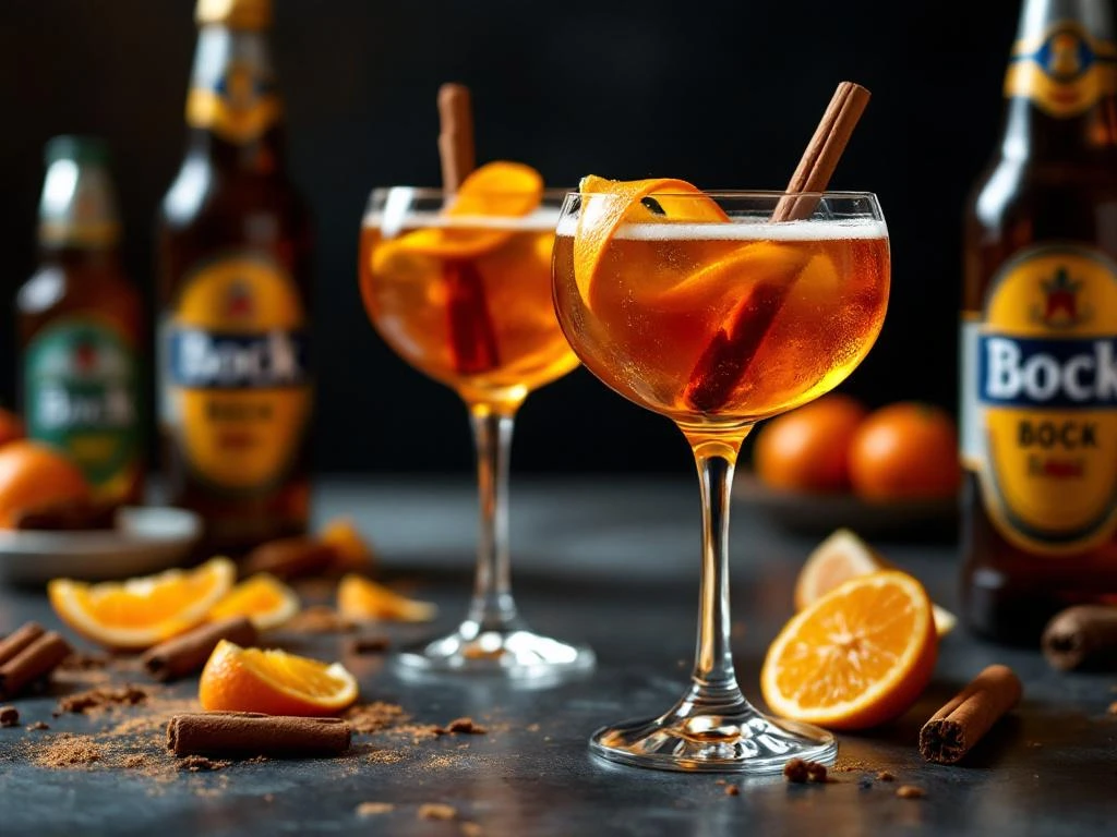 Elegante cocktailglazen gevuld met amber Bock bier cocktails, gegarneerd met sinaasappelschil en kaneelstokjes