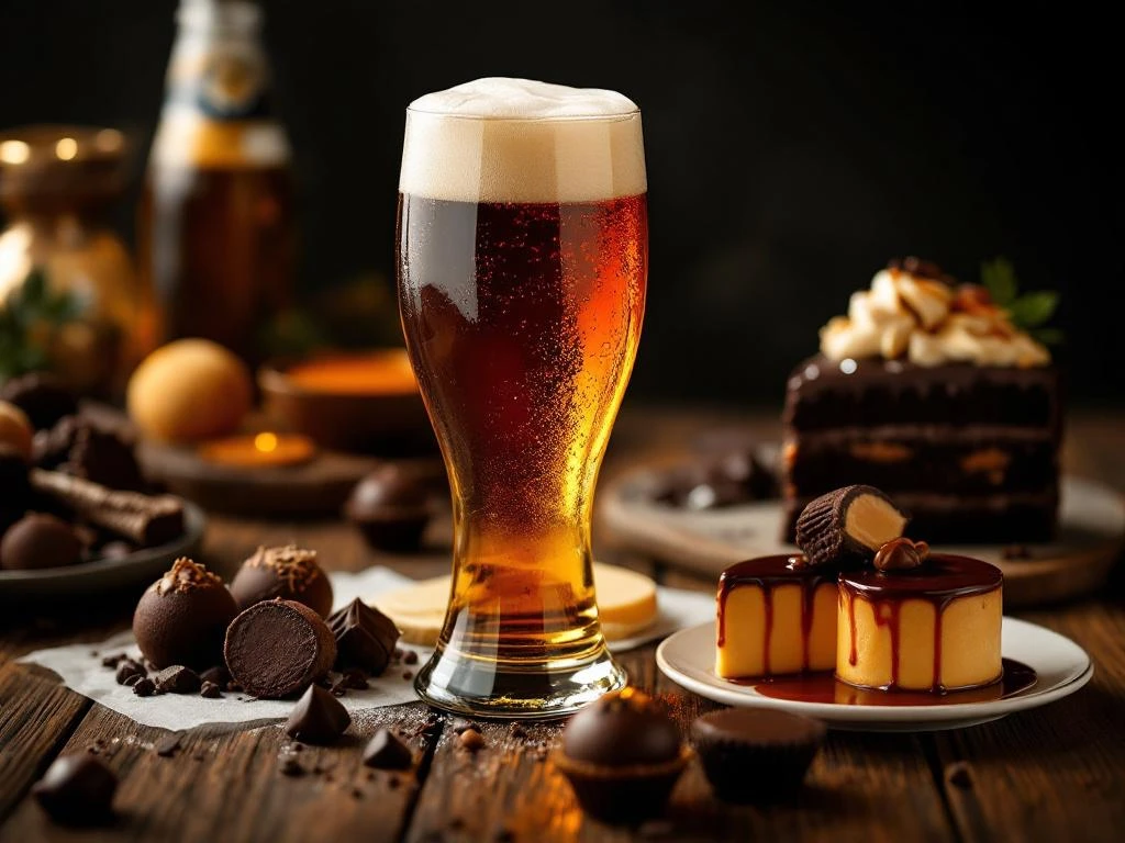 Donker amber Bock bier in tulpglas met gouden schuim, omringd door chocoladetruffels en desserts op houten tafel