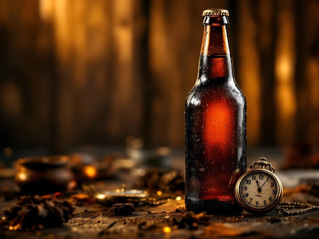 Donkeramber Bock bierfles met condensdruppels op rustieke houten achtergrond met warme gouden verlichting