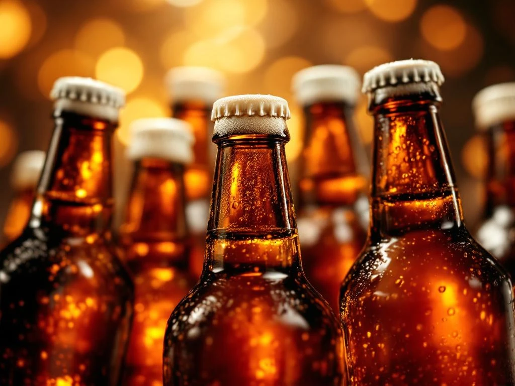 Donkeramber Bock bierflessen met schuimkragen en condensdruppels, warm verlicht tegen koper achtergrond