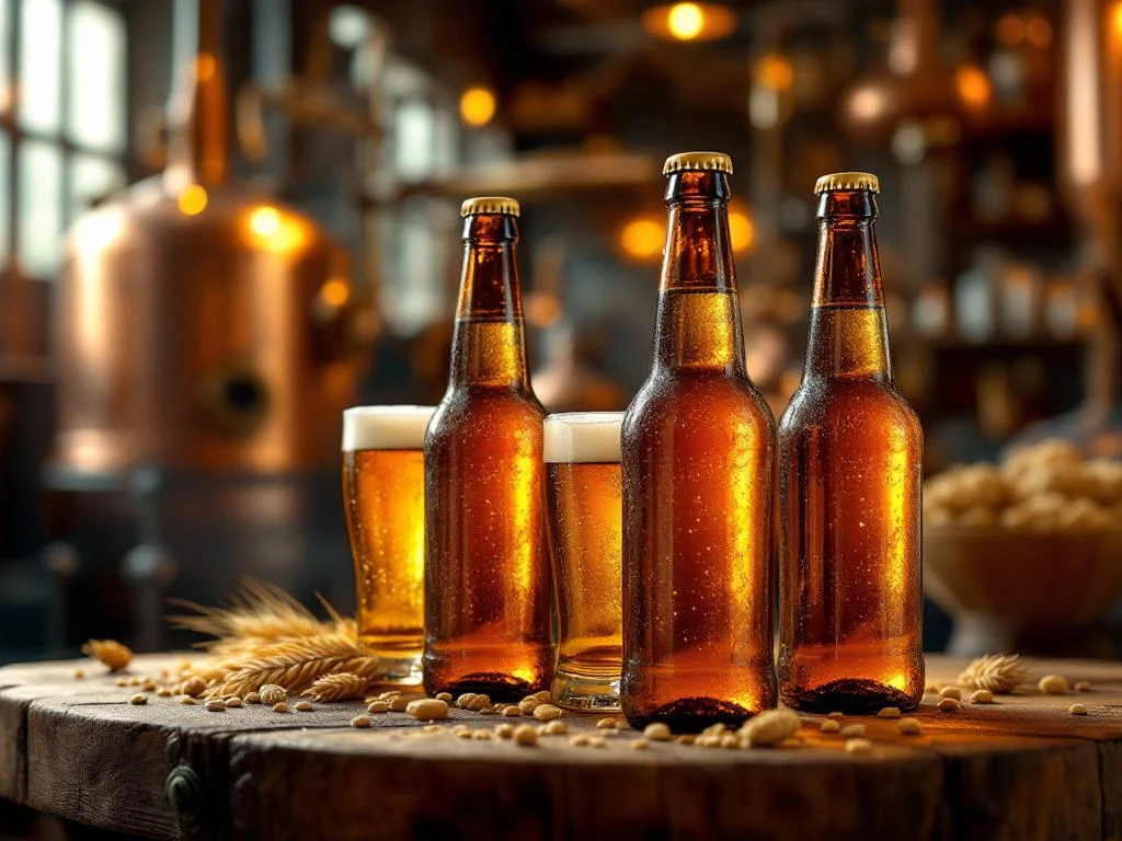 Artisanale Bock bierflessen met gouden schuim op rustieke houten brouwerijtafel met gerst en hopbellen