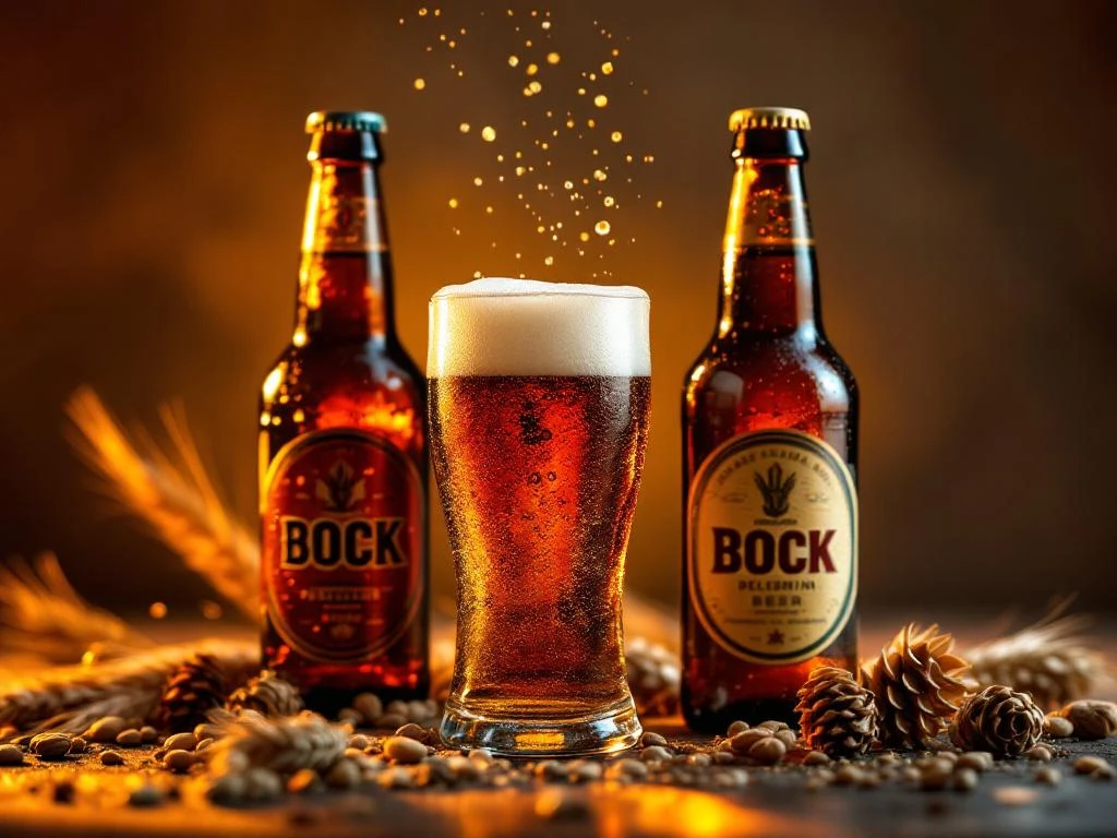 Bock bierflessen met gevuld glas, gerst en hop tegen warme amber achtergrond met dramatische belichting