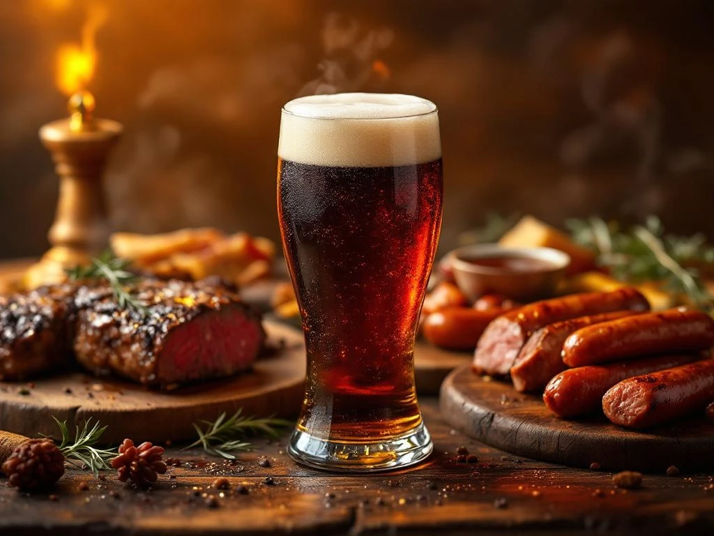 Donker amber Bock bier in elegant glas met gegrilde vlees gerechten op rustieke houten planken in warm gouden licht