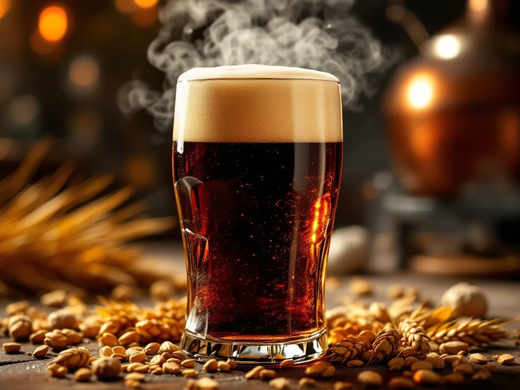 Donker amber Bockbier wordt ingeschonken in traditioneel Duits glas met romige schuimkraag, gerst en hop rondom